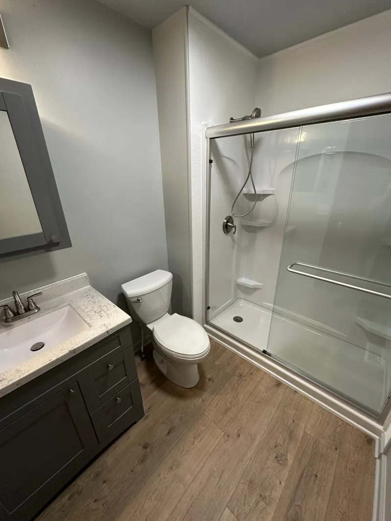 Finished details: the gray vanity, mirror, and shower.